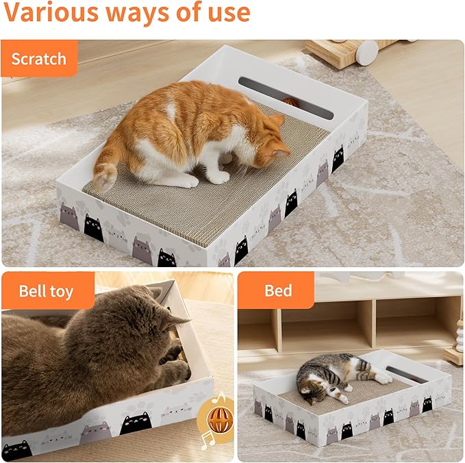 Want to Scratch,Play & Sleep! Gworld 3-in-1 Cat Scratcher Bed With Bell Ball Toy – Interactive Cat Scratch Pad for Indoor Cats Scratching Board 3 Pack Reversible Cardboard Modern Scratcher Replacement