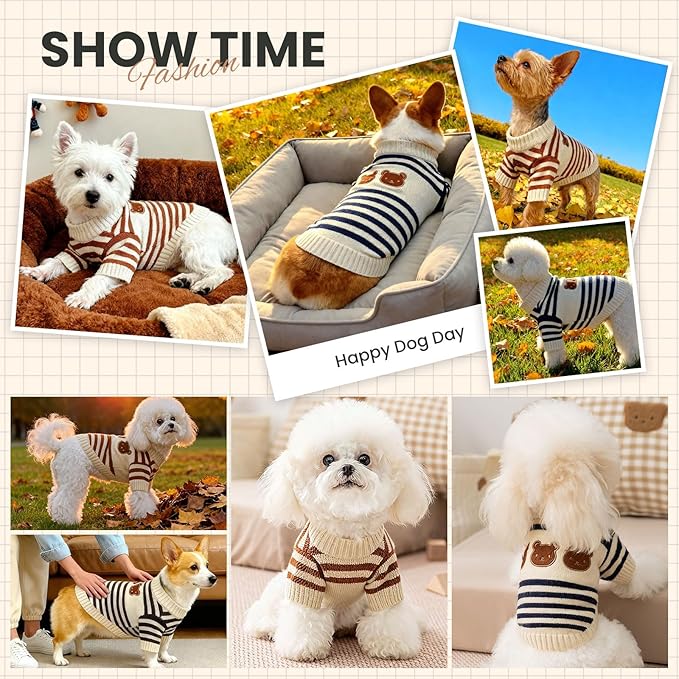 XS Dog Sweater with Cute Bear Pattern, Striped Soft Stretchable Warm Puppy Clothes for Small Dogs Cats, French Bulldog, Chihuahua for Winter(Brown,Medium)