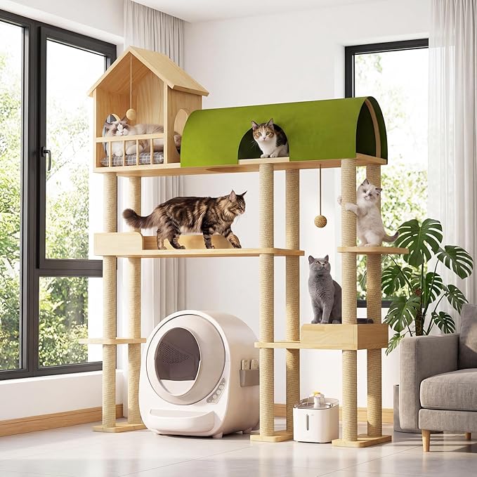 Wood Cat Tree Tower for Automatic Litter Box, 60.2'' Tall Cats Tree with Cat Tunnel, Cat Tower for Indoor Cats Large Adult, 4-Level Solid Wood Cats Furniture with 18Pcs Scratching Post, House
