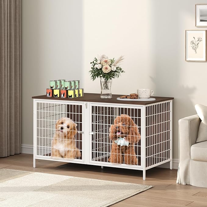 Dog Crate Furniture for 2 Dogs, 43.3" Dog Kennel with Removable Divider, Heavy Sturdy Dog Furniture Style Double Cage for Small Medium Dogs, Indoor Pet House End Table, White and Walnut