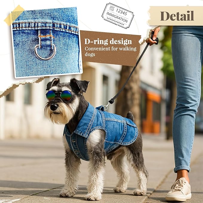 Cool Dog Jean Jacket Vest with D-Ring Blue Denim Dogs Outfits for Small Medium Dogs Cats Boy Male Dog Clothes Costume Dogggie Puppy Harness Coat for Frenchie Walking(Blue with D-Ring,M)