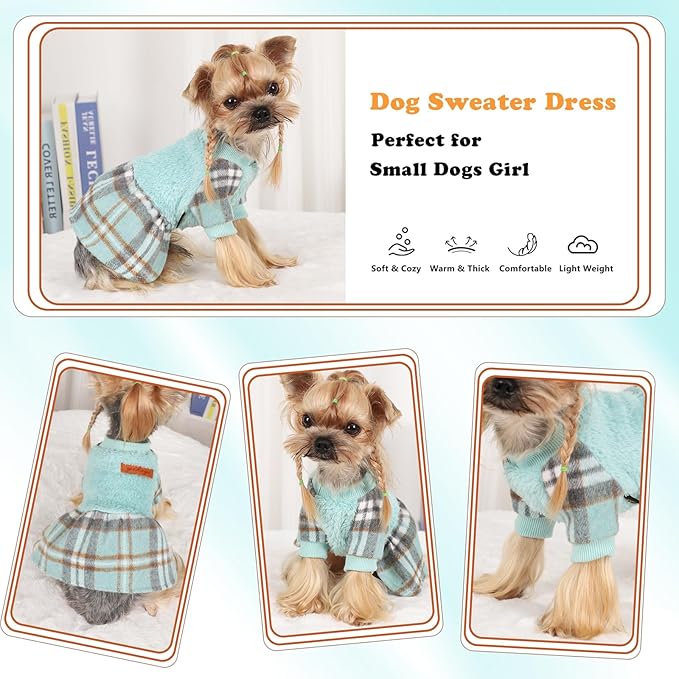 Dog Sweater Dog Winter Clothes for Small Dogs Boy Girl Fall Puppy Dress Warm Fleece Chihuahua Yorkie Teacup Doggie Sweaters Dresses Doggy Sweater for Small Dogs Girl Cat Outfits, Green Plaid, XS