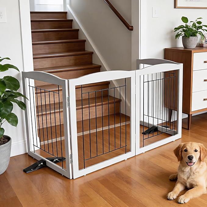Dog Fence Indoor,Dog Gate Indoor for Doorway pet gate -6-Panel Freestanding, Hallways, House or Stairs -120x24-Inch Retractable Foldable Expandable Wood Pet by SFJC (Grey) ﻿