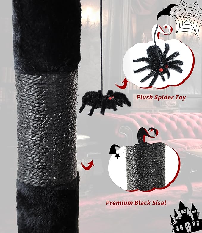 Gothic Cat Tree Tower with Coffin Cat Bed for Indoor Cats, Halloween Spooky Cat Scratcher,Goth Cat Tree with Sisal Scratchig Post and Spider Dangling Toys,Black with Red