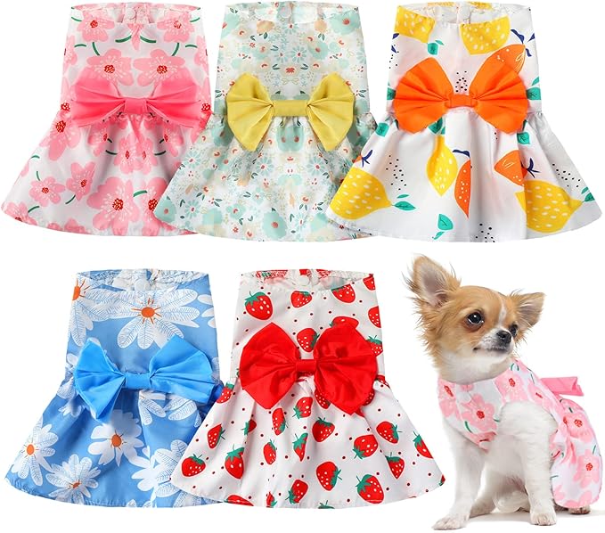 Saintrygo 5 Pieces Floral Dog Dress Cute Dog Skirt Pet Dresses Pet Clothes Dresses Cat Princess Bowknot Clothes Puppy Outfits for Yorkie Puppy Cat, 5 Styles(Cute Style,Large)