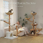 59" Modern Cat Tree Tower for Large Cats w/2 Flower Perches-Natural Solid Wood Scratching Post with Real Branch-Luxury Boho Cat Furniture w/Condo & Wicker Basket Bed, Cloud White