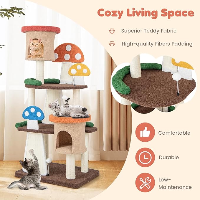 Nightcore Mushroom Small Cat Tree, 57.5" Multi-Level Cat Tower w/Natural Sisal Scratching Posts & Boards, Cat Tree w/Interactive Balls & 2 Cozy Cat Condos for Indoor Cats Large Adult