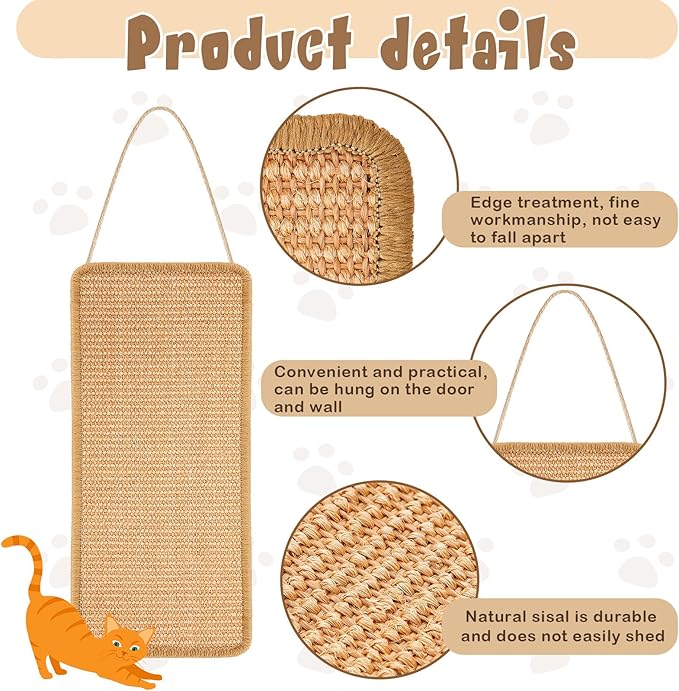 2 Pack Sisal Door Cat Scratching Mat Double Use Hanging Scratcher Wall Floor Mount Cat Scratch Mat Kitty Scratching Pad for Indoor Kitten with Hemp Rope, 7.87"x19.69"(Regular,Brown)