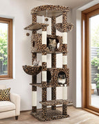 Globlazer Heavy Duty Cat Tree, 74inch Sturdy Cat Tower for Large Cats Adult, Big Cat Tree with 7 Sisal Scratching Posts, 2 Padded Cat Condos, 2 Hanging Baskets, Enlarged Top Perch, S74, Leopard Print