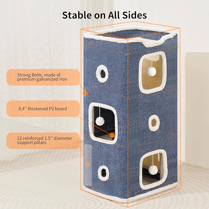 Cat House, Cat Beds for Indoor Cats, 3-Story Cat Condo Cube with Scratch Pad and Fluffy Ball Hanging, Multi-Level Cozy Hideout Center Ideal for Small/Medium Cats