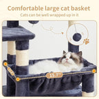 Heybly Cat Tree, Kitten Tower with Large Soft Cat Basket, Cat Condo with Spacious Cat Bed Cave with Hidden Space, Sisal-Covered Scratching Posts, Dangling Ball for Indoor Cats, Smoky Gray HCT008SG