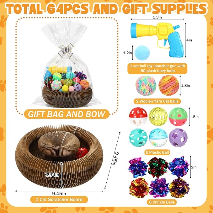 Zopeal 64 Pcs Easter Cat Toy Gift Set Magic Cat Scratcher Board Ball Launcher Gun Crinkle and Yarn and Plastic Bell Ball Kitten Toy with Bow for Pet Interactive Engaging Gift(Organ Shape)