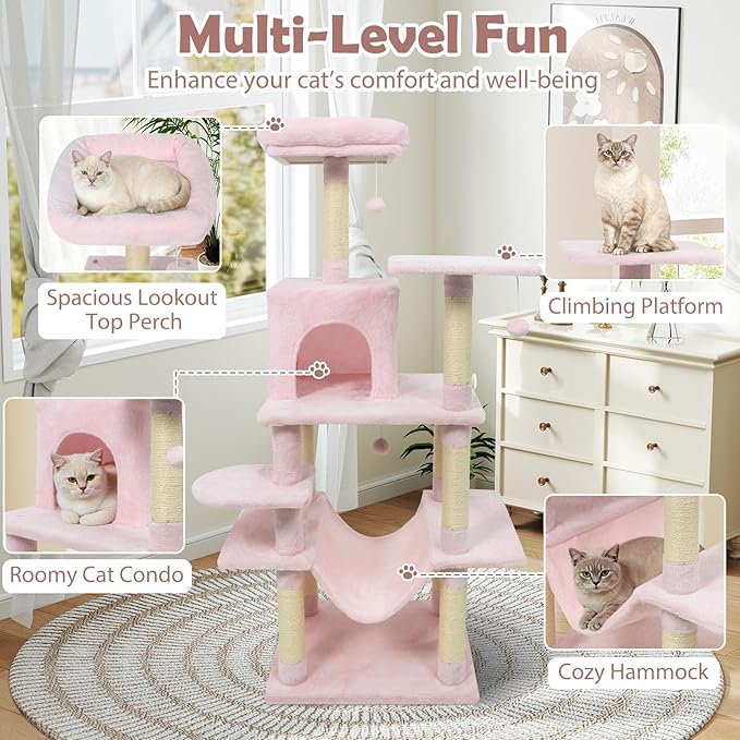 Tangkula 58 Inch Pink Cat Tree, Multi-Level Cat Tower with Sisal Scratching Posts, Padded Top Perch, Condo & Hammock, 3 Hanging Balls, Jumping Platforms for Indoor Cats (Pink)