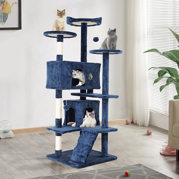 Heavy Duty Cat Tree,54 Inch Tall Cat Tower,2 Cozy Condos,Scratching Posts,Ladders & Sisal Pole,Multi-Level Perches Platforms for Indoor Cats,Sturdy Pet Climbing Furniture,Blue