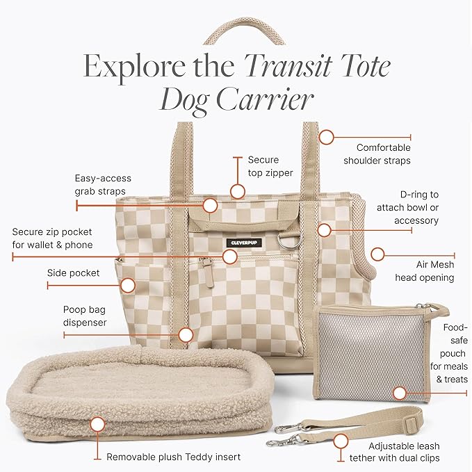 Cleverpup Transit Tote Dog Carrier for Small Dogs up to 8 lbs, 16x11x8 Soft-Sided 4-Pc Set with Waterproof Base, Plush Insert, Food Pouch, Mesh Head Opening - Small, Checkerboard