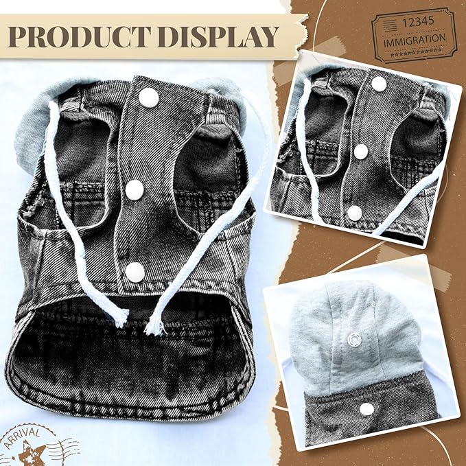 Cool Dog Jean Jacket Vest with D-Ring Black Denim Dogs Hoodies Outfits for Small Medium Dogs Cats Boy Male Dog Clothes Costume Dogggie Puppy Harness Coat for Frenchie Walking(Grey Hat,S)