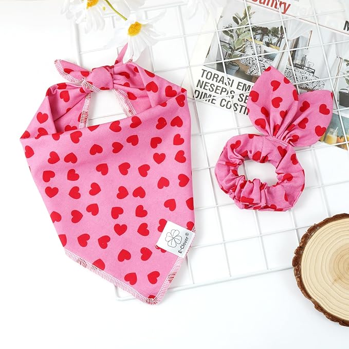 E-Clover Mother's Day Heart Dog Bandanas & Matching Scrunchie Set Cute Girl Dog Scarf Bibs Pet Bandana with Bow Tie for Medium Large Dogs Owner Mom Pink