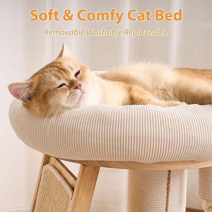 Modern Cat Tree Small Tower with Scratching Post for Indoor, Solid Wood Multifunctional Corner Cat Tree Tower with Bed, Dangling Ball,Interactive Rope, Scratching Board