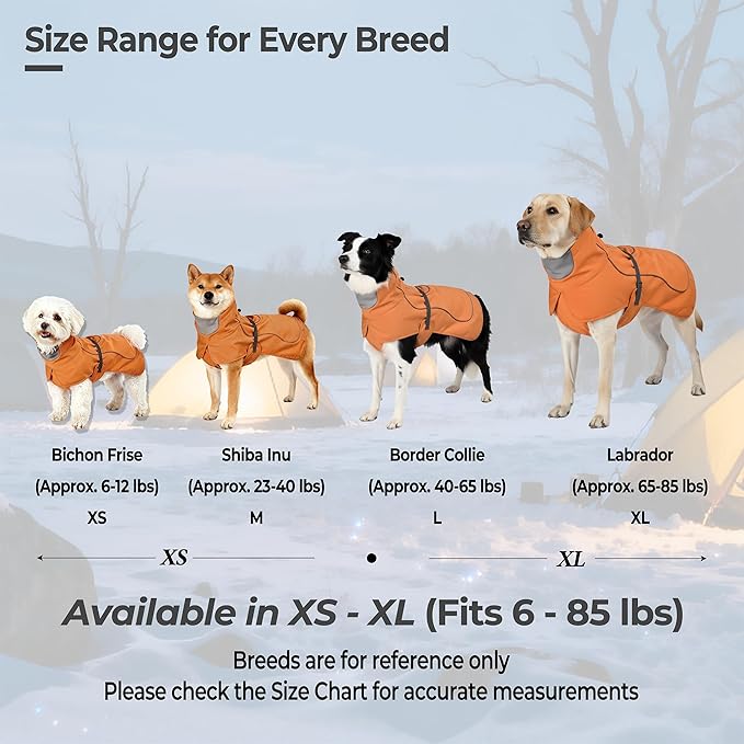 Softshell Dog Winter Vest, Fleece Lined Water-Repellent Jacket with Fur-Safe Buckle (No Hook & Loop) for Hiking, Adjustable Reflective Winter Coat for Active Dogs (Aurantium, Medium)