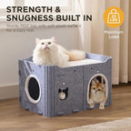 Joydeco Cat House for Indoor Cats, Extra Wide Scratch Resistant Felt Cat Condo, Hideaway Pet Cave Bed with Fluffy Ball and Tunnel for Kitten, Small Dogs, Rabbits, 22.4 x 13.7 x 14.9, Grey