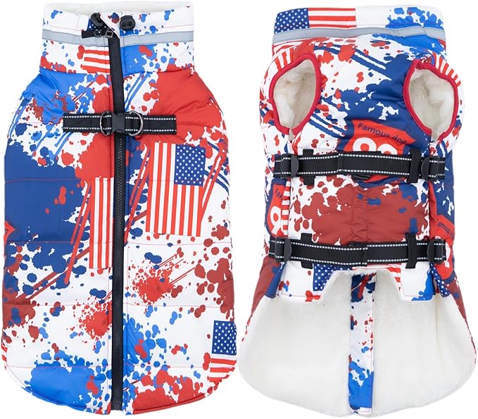 Mklhgty Large Dog Coat with Harness Built-in, Waterproof Reflective Fleece Lined - Warm Windproof Winter Jacket with Back Zipper, Cold Weather Snow Dog Coats - American Flag - XL