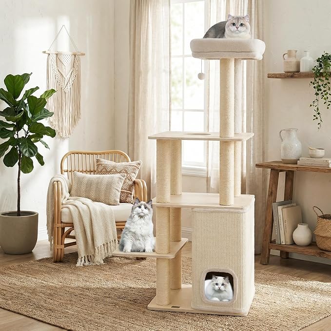Tangkula Tall Cat Tree, 63 Inch Multi-Level Wood Cat Tower with Sisal Scratching Posts & Mat, 2-Story Condo, Plush Padded Top Perch, Dangling Ball, Modern Cat Tree Tower for Indoor Cats Large Adult