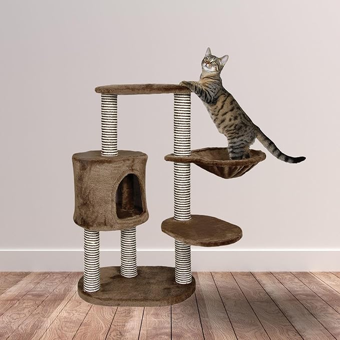 TRIXIE Moriles Brown Cat Tower with Scratching Posts, Condo, Hammock, Padded Platform, cream, Medium (17 x 24 x 39 in.)