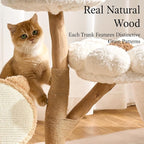 797Audio Natural Wood Flower Cat Tree, Modern Cat Tower with Real Solid Wood Branch, Luxury Aesthetic Cat Tree with Scratching Post, Scratch Pad, Cat Tree Tower for Indoor Large Adult Cats,Cloud White
