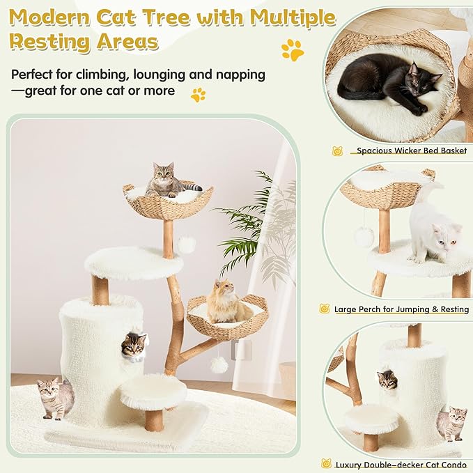 Erinnyees 54" Real Wood Cat Tree for Indoor Cats, Modern Boho Cat Tower with Woven Basket Beds, Natural Branch Scratching Post, Luxury Cat Condo Furniture, White