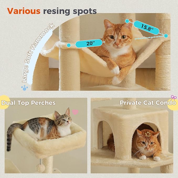 PEQULTI 56.3'' Cat Tree for Indoor Cats, Multi-Level Cat Tower with 2 Top Perch, Cat Condo, Hammock and Sisal-Covered Scratching Post, Beige