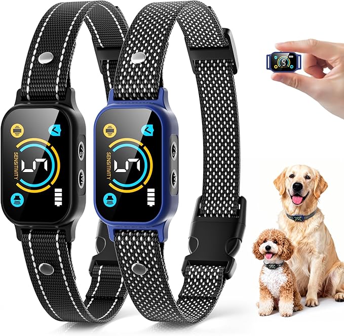 2 Pack Bark Collar, Smart Dog Bark Collar for Large Medium Small Dogs, Rechargeable Ultra-Light Training Collar with Beep Vibration, Anti Barking Device with 5-Level Sensitivity (Blue)