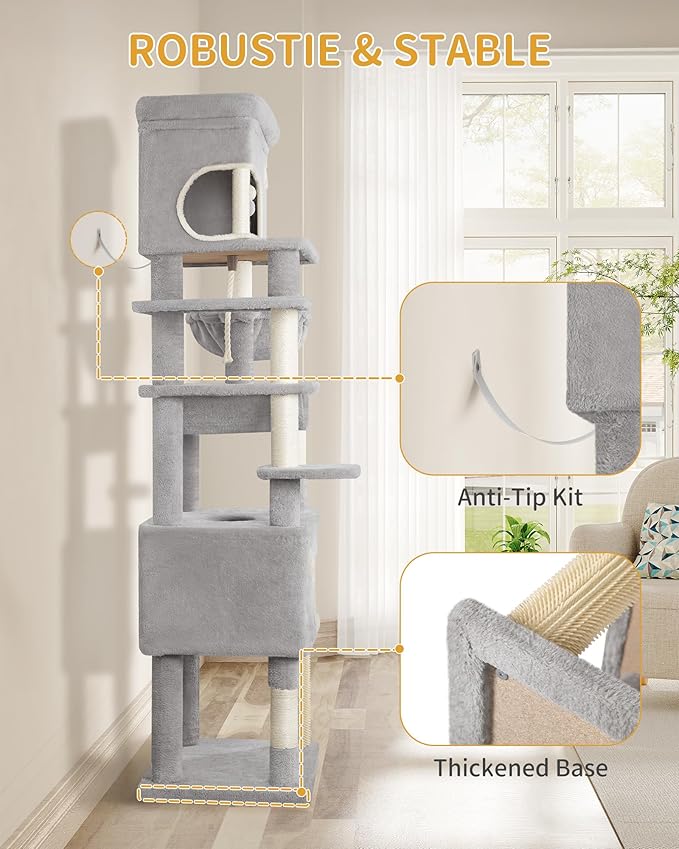 79.9 inch Cat Tree for Indoor Cats, Multi-Layer Scratching Post with Large Platform, 2 Caves, 7 Sisal Posts, Pompoms, Cat Basket, Hammock, Suitable for Cats, Light Grey MS20318LG