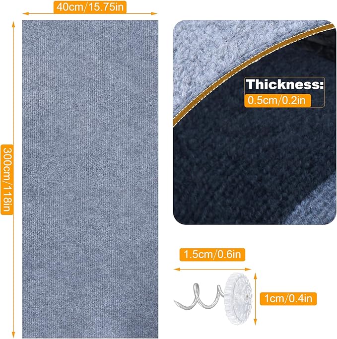 Large Cat Scratching Mat, 118"x15.8" Self-Adhesive Scratch Furniture Protector, Trimmable Wall Climbing Carpet, Couch Protector, Scratching Pad Replacement (Light Gray, 30 Nails)