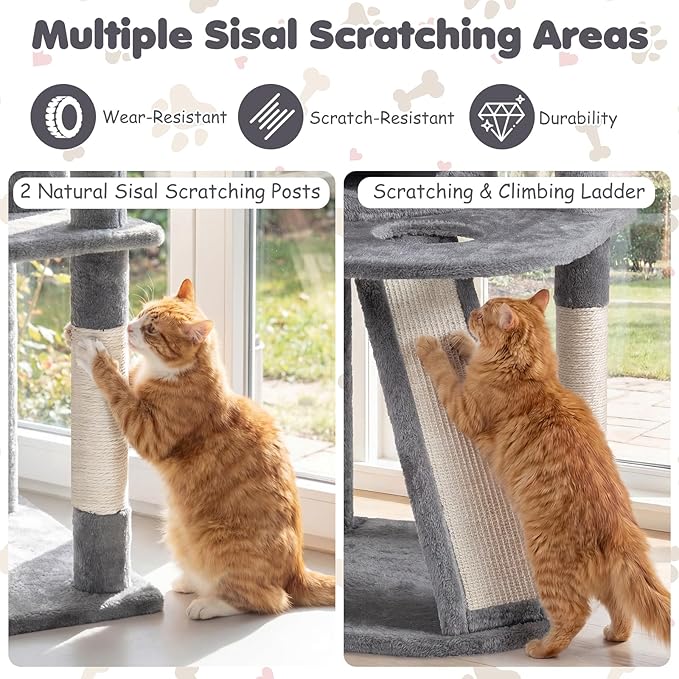 Tangkula Corner Cat Tree, Multi-Level Cat Tower with Top Perches & Cozy Condo, Natural Sisal Scratching Posts & Climbing Ladder, Playful Cat Hole & Hanging Balls, Climbing Play Center (Light Gray)