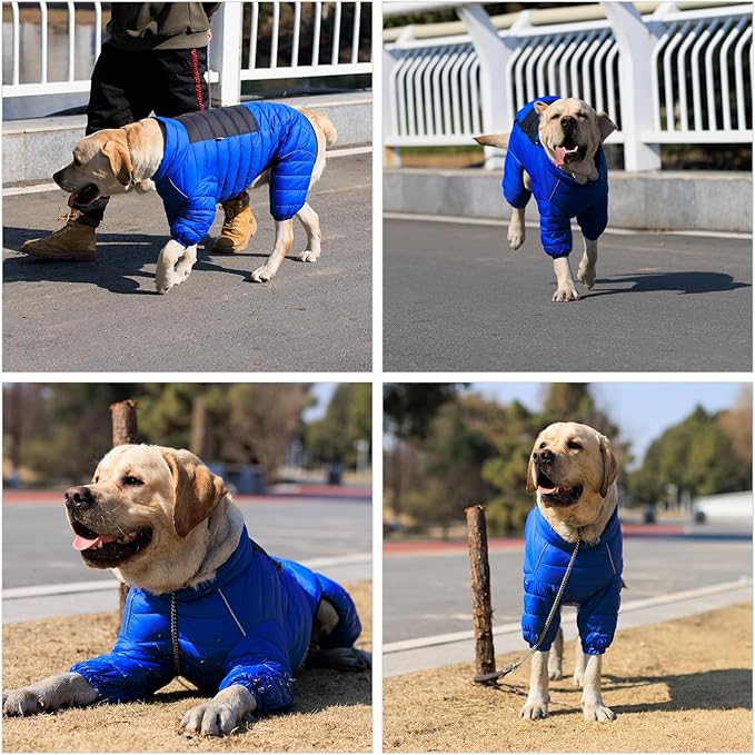 Lovelonglong Dog Coat - Warm Jacket, 4 Legs Covered Waterproof Windproof Reflective Dog Vest, Zippered Adjustable Outdoor Snow Jacket for Small to Large Dogs, Blue XL