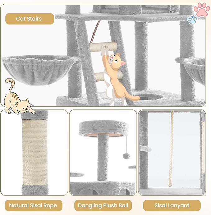 75" Cat Tree Large Cat Tower Condo w/Multi-Level Scratching Post Cat Stairs for Indoor Cats (Light Grey)