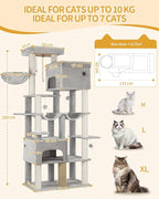 Cat Tree, 200cm XXL Cat Tree with 10 Scratching Posts, 2 Caves, 2 Hammocks, Large Platform, Cat Brushes, Basket, Heavy Duty Cat Tree for Maine Coons, Large Cats, Light Grey MS20018LG