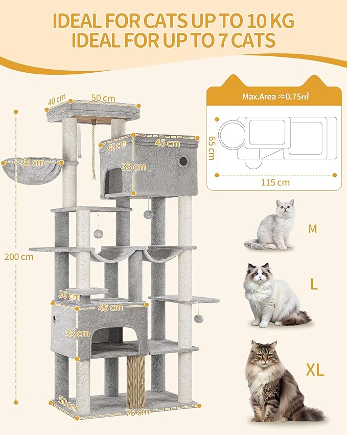 Cat Tree, 200cm XXL Cat Tree with 10 Scratching Posts, 2 Caves, 2 Hammocks, Large Platform, Cat Brushes, Basket, Heavy Duty Cat Tree for Maine Coons, Large Cats, Light Grey MS20018LG