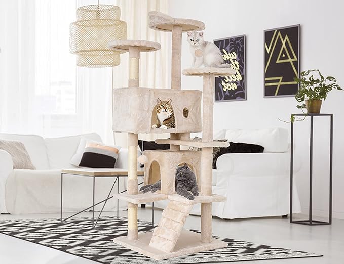 Go Pet Club 54'' Tall Multi-Level Cat Tree with 3 Scratching Posts, 3 Platforms, 2 Condos, Toys, Corner Design for Large Cats