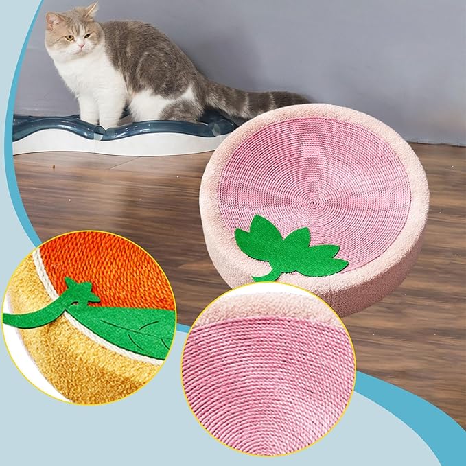Cat Scratcher Bed Lounge Round Anti Slip Bottom 40cm Mat Cat Scratch Pad for Indoor Cats to Play, Rest, Grind Kitten Training, Strawberry