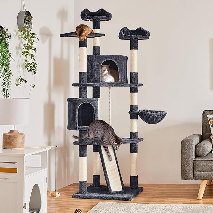 Topeakmart Cat Tree Large Cat Tower 79inch for Indoor Cats Multi-Level Cat Tree with Scratching Posts & Basket & Scratching Posts as Activity Center, Play House,Dark Gray