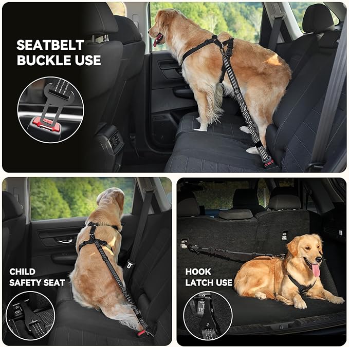 Pawaboo Dog Seat Belt Harness for Car, Dog Car Harness Seatbelt with Double Clips, Adjustable Breathable Pet Vest & Dogs Safety Tether with Elastic Bungee for Small Medium Large Pet, S, Black