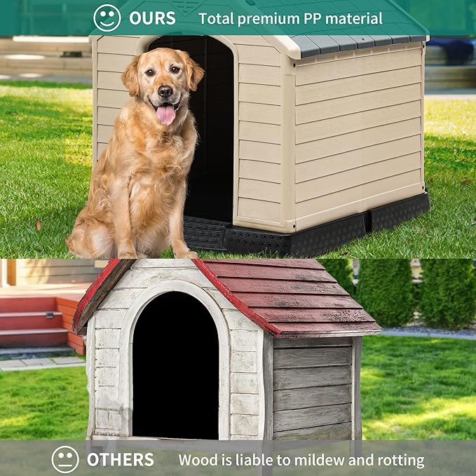 YITAHOME Plastic Dog House, Waterproof Indoor Outdoor Doghouse for Large or Small Dog, with Air Vents and Elevated Floor, Easy Assemble and Clean