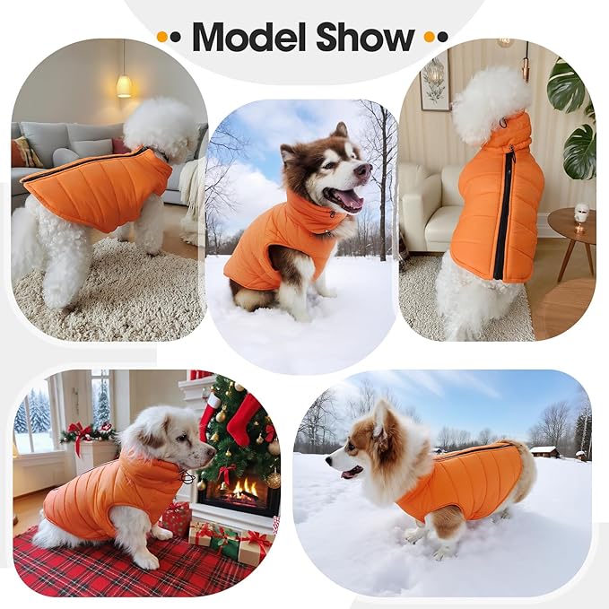 Dog Puffer Jacket with Detachable Neck Wrap for Small Dogs, Waterproof Orange Dog Vest with Back Zipper, Winter Coat Fleece Elastic Band on Chest for Dogs, Bichon Frise, Chihuahua, Orange XS