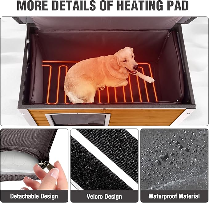 43.3'' Large Heated Outdoor Dog House Weatherproof with Anti-bite Metal Frame, Insulated Dog Kennel with Heating Pad for Outside, Dog Shelter for Small to Large Dogs (Brown)
