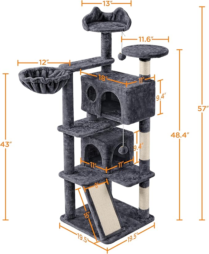 Yaheetech 57 inches Cat Tree for Indoor Cats, Multi-Level Cat Tower w/ 3 Perches, 2 Cat Condos, 2 Hanging Balls and Scratching Posts, Dark Gray