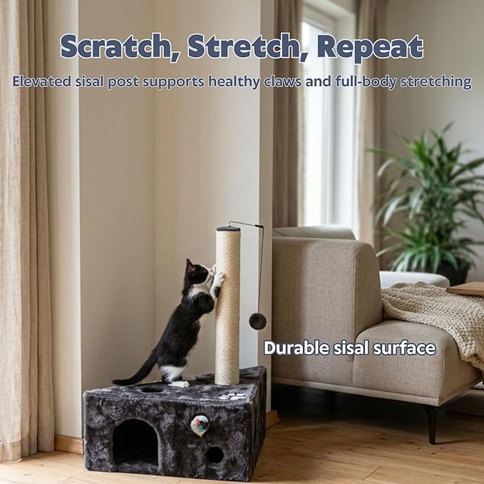 TRIXIE Murcia Cat Scratching Post 26,8 Inch - with Durable Sisal Rope and with Dangling Cat Toy and Cuddly Cat Cave - in Dark Gray