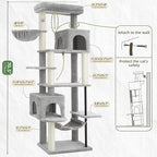 Cat Tree for Indoor Cats Large Adult, 70.5'' Cat Tower with Scratching Post, Sturdy Steel Pube Cat Tree Tower with Large Playing Platfrom, Hammock and Basket, Top Perch, Light Gray GCT024W