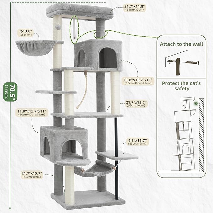 Cat Tree for Indoor Cats Large Adult, 70.5'' Cat Tower with Scratching Post, Sturdy Steel Pube Cat Tree Tower with Large Playing Platfrom, Hammock and Basket, Top Perch, Light Gray GCT024W
