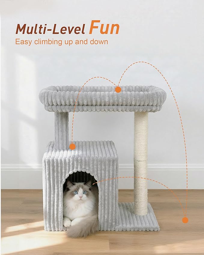 Cat Tree for Large Cat, 20.9 * 15.7in Large Perch Bed for Adult Cats, 22.8in Cat Tower with Scratching Post, Cat Condo with 2-Door for Indoor Cats, Light Gray